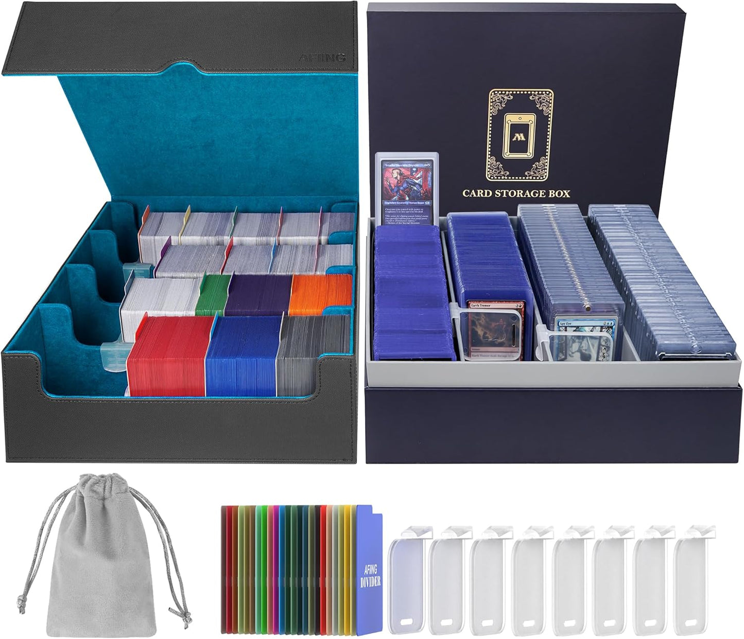 AFIING Trading Card Storage Box 6000+ Capacity – DIY Toploader Case w/ 24 Dividers & 8 Supports, Fits 3x4 Rigid Card,Deck Box for MTG TCG Sports Cards– Black & Cyan