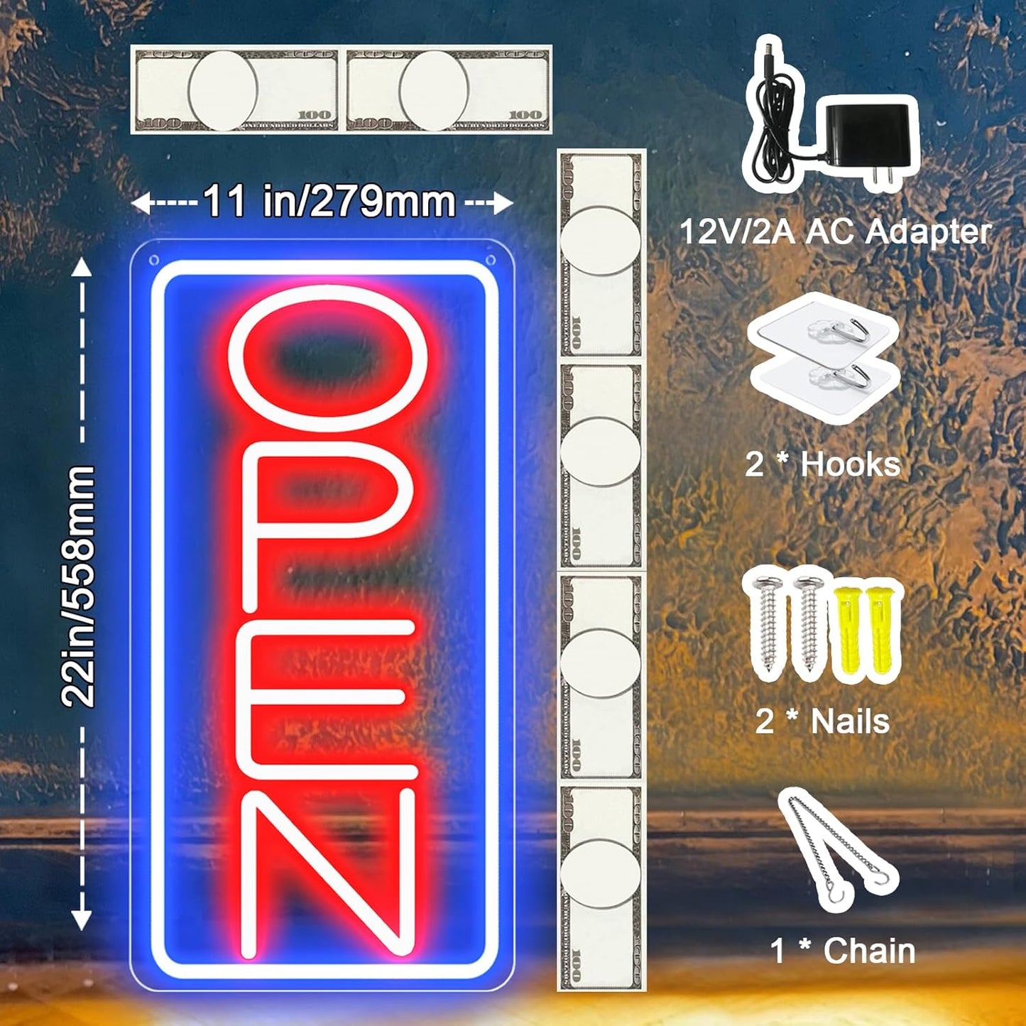 22" X 11" Led Neon Open Signs for Business, Large Open Signs, Plug In Electric Light Up with ON/OFF Switch, Ultra Bright Open Sign for Bar Salon Coffee Stores Club Hotel (Vertical)