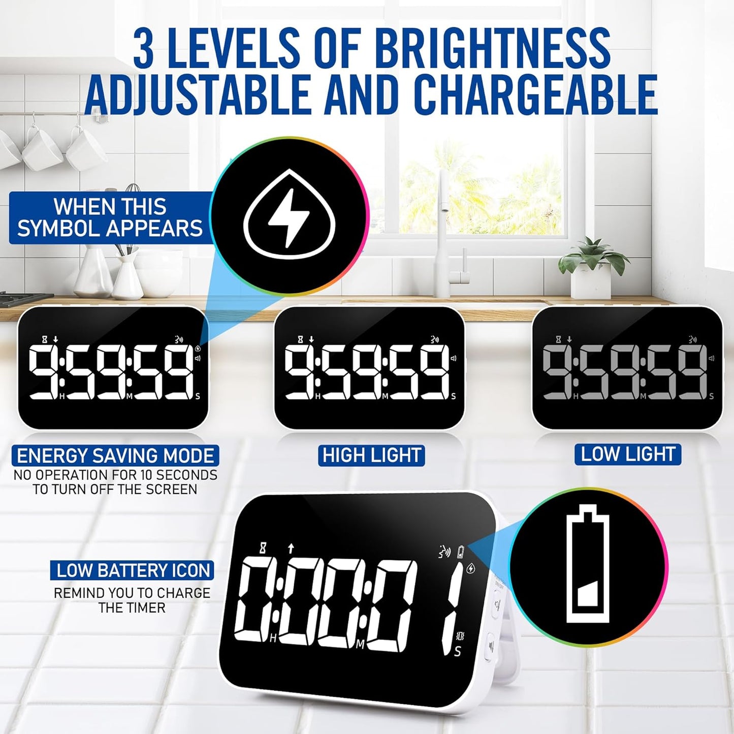 Kitchen Timer （1.5" Number） Large Digital Magnetic Timer, Rechargeabilit, Countdown and Countup, 3 Brightness Display, 3 Volume Levels and Vibration Mode, for Cook, Kids Adults Study Teaching