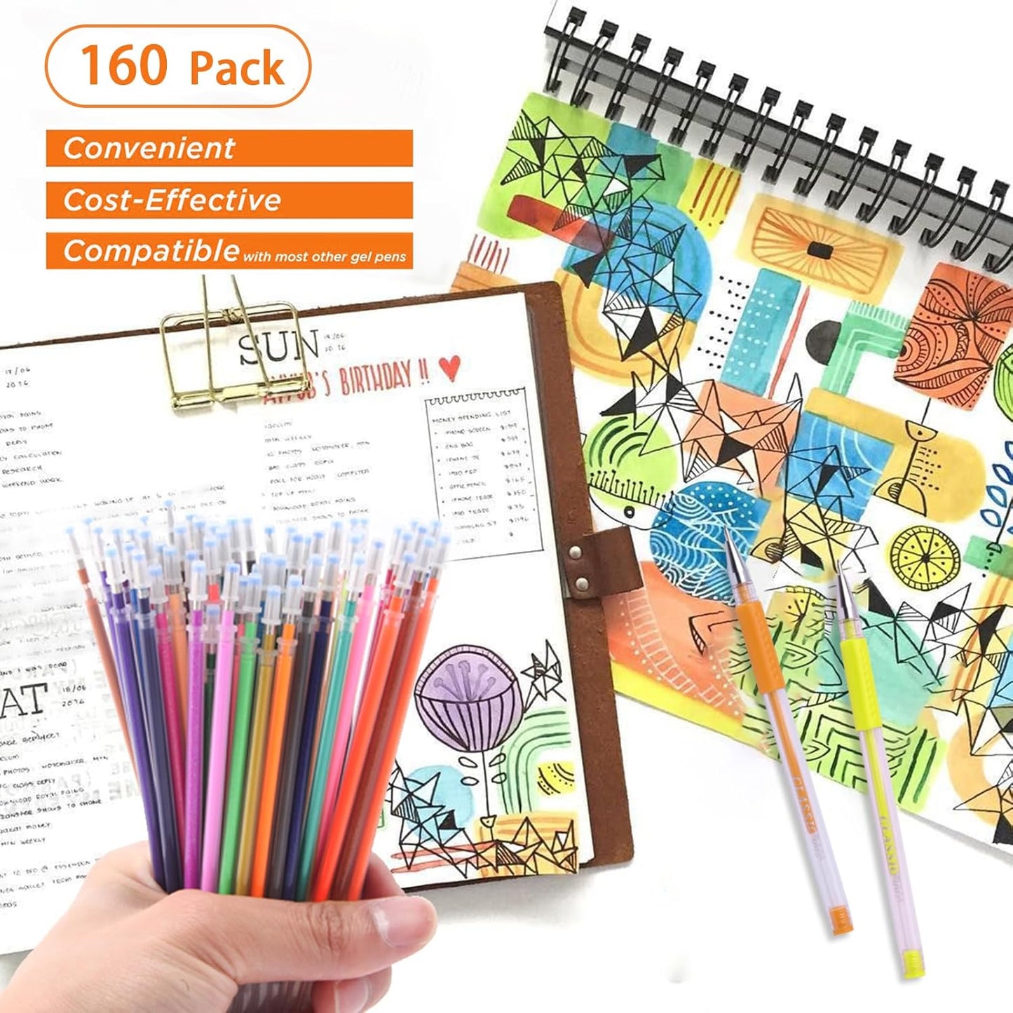 160 Colors Gel Pen Ink Refills, Glitter Neon Gel Ink Pens Refills Replace Cartridges for Glitter Gel Pens Set,for Kids Drawing Adult Coloring Books Journaling Women Gifts, No Repeats