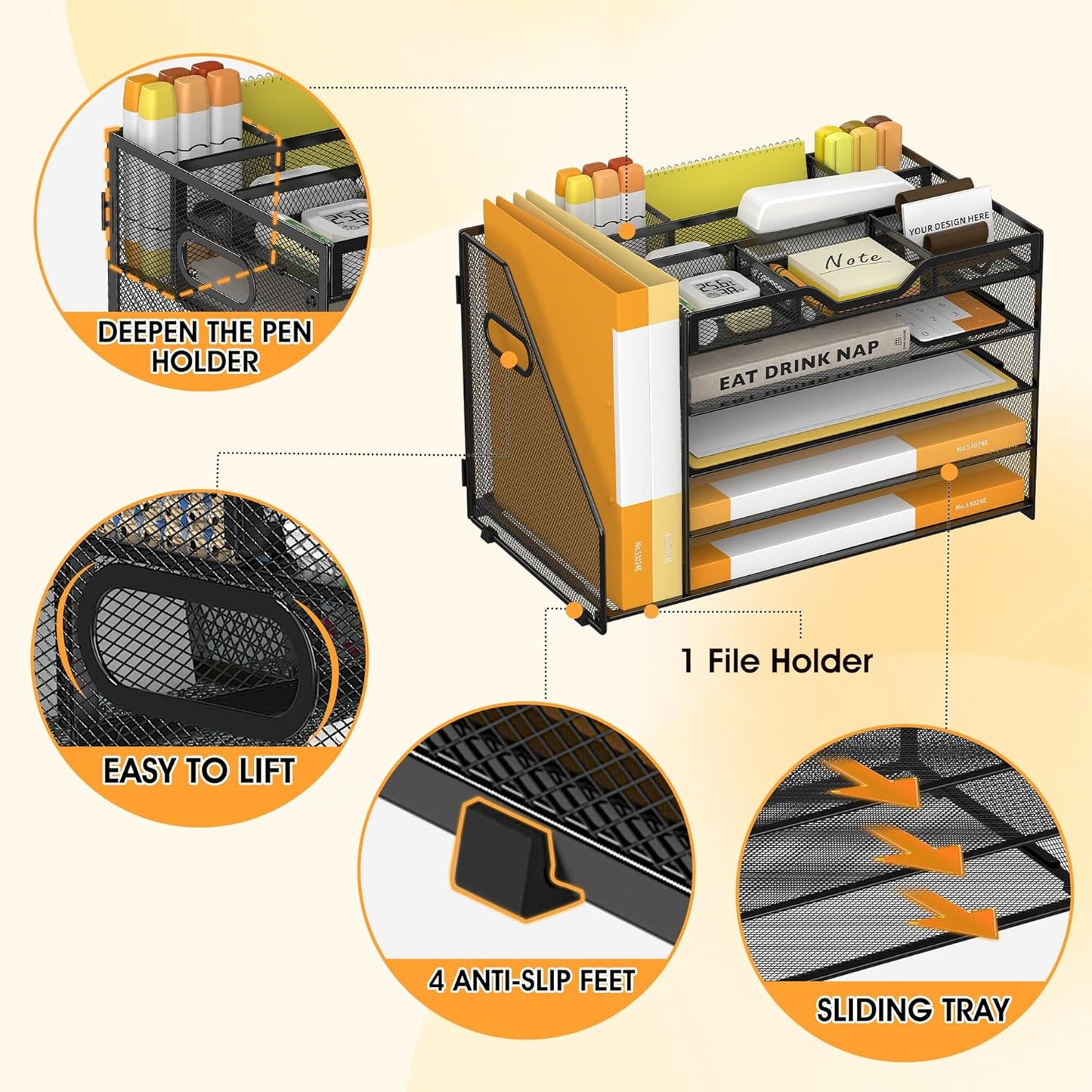 5 Tier Paper Letter Tray with File Holder and 3 Drop-in Pen Holders, Mesh Desk File Organizer with Handle, Desk Organizers and Accessories for School,Home, Office Supplies Storage-Black