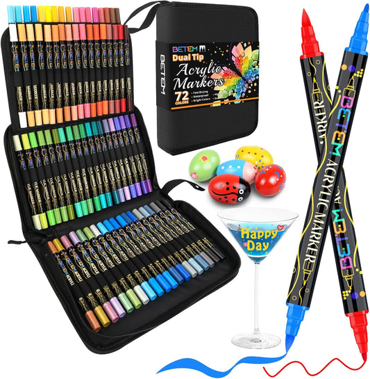 Betem Paint Markers Acrylic Paint Pens, Dual Tip 72 Colors Acrylic Markers with Brush Tip and Fine Point, Art Supplies for Wood, Canvas, Stone, Glass, Rock Painting Kit DIY Crafts Drawing Kit with Bag