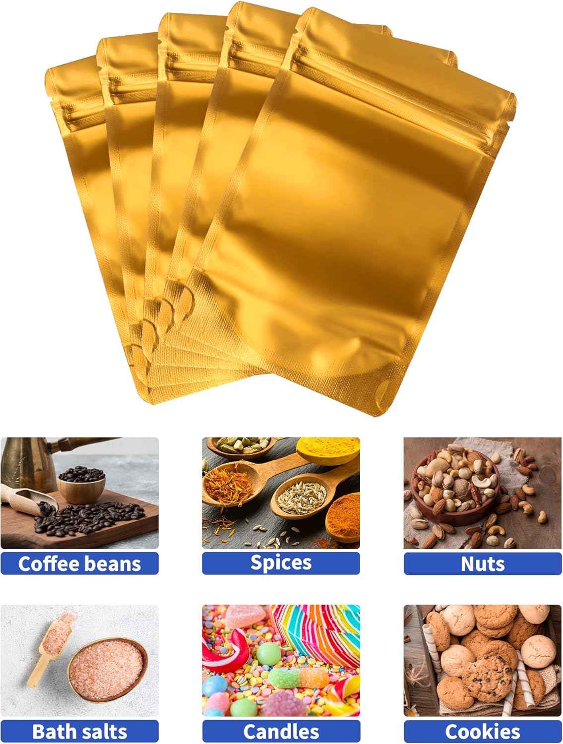 100 Pack Resealable Stand Up Bags,4.7" x 7.9" Smell Proof Pouch Sealable Foil Pouch Bags for Packaging (Gold)