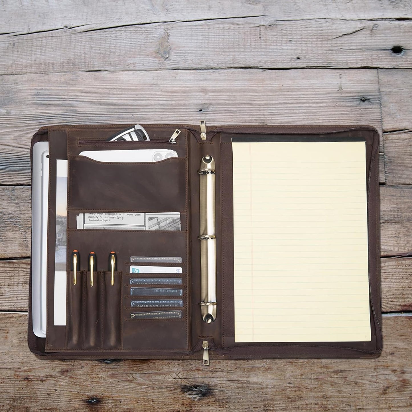 Genuine Leather 3 Ring Binder Portfolio, 8.5 x 14 Legal Size Pad Holder, Hidden Handle, Zippered Padfolio with 15” Laptop Organizer, Professional Business Folio for Men Women, Dark Khaki