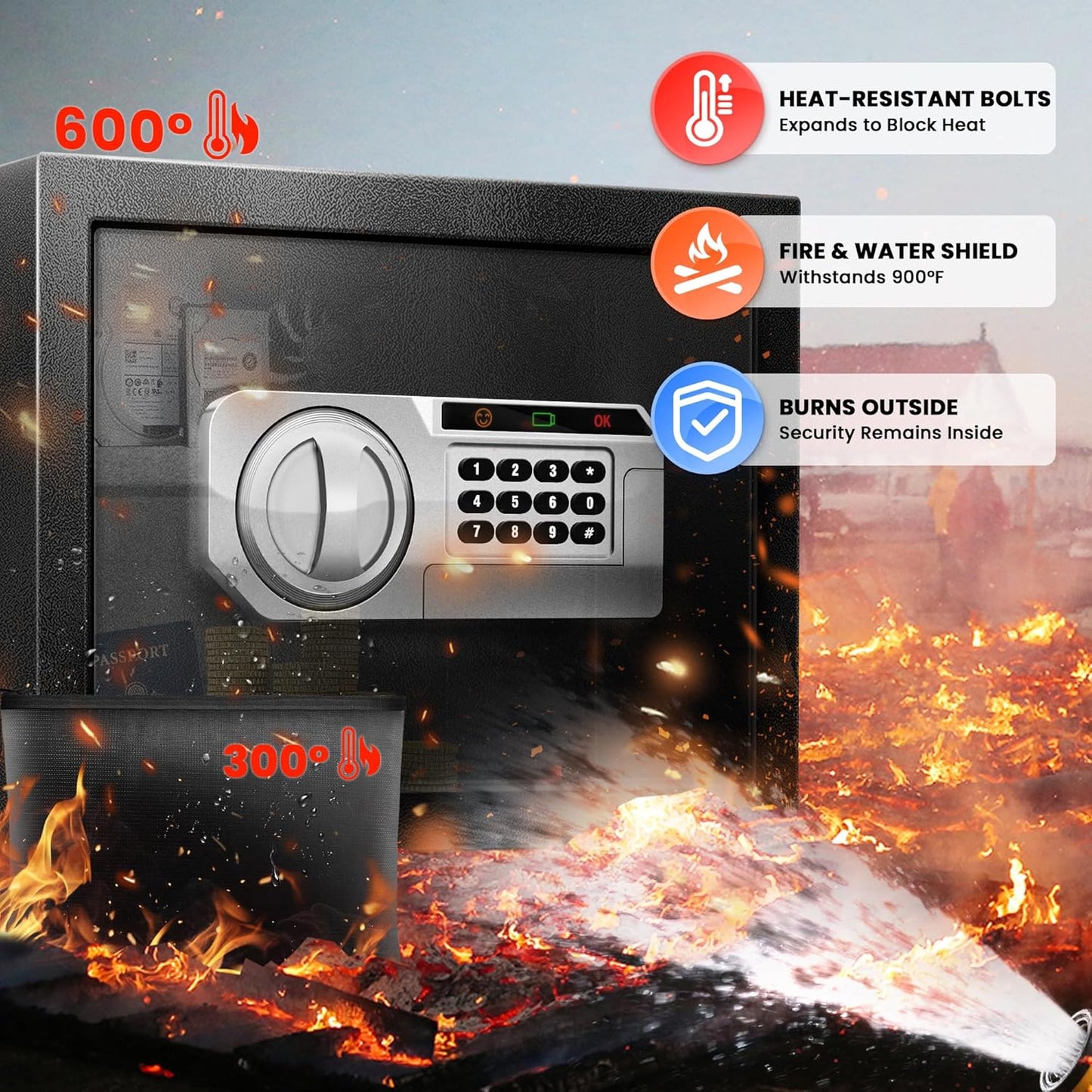 1.5 Cu Ft Home Document Safe Box–Steel Electronic Digital Lock Box with External Battery Compartment & Backup Key, Letter-Size Fit, LED Light, Fusion-Bonded Needle-Felt Lining & Fireproof Bag