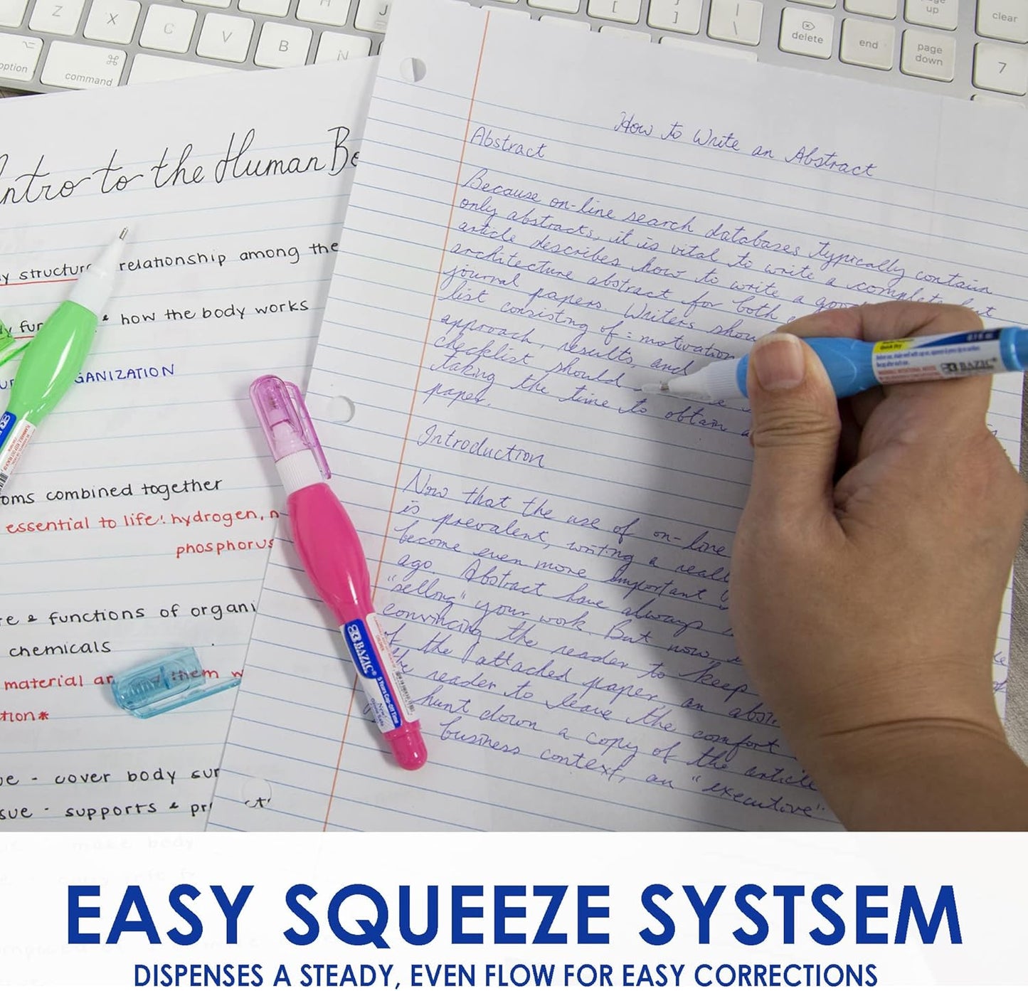 BAZIC Correction Pen (0.1 oz / 3 ml), Precise Metal Tip Applicator, Fine Point Corrections Fluid, Squeeze White Out Wipe Out Liquid (3/Pack), 2-Packs