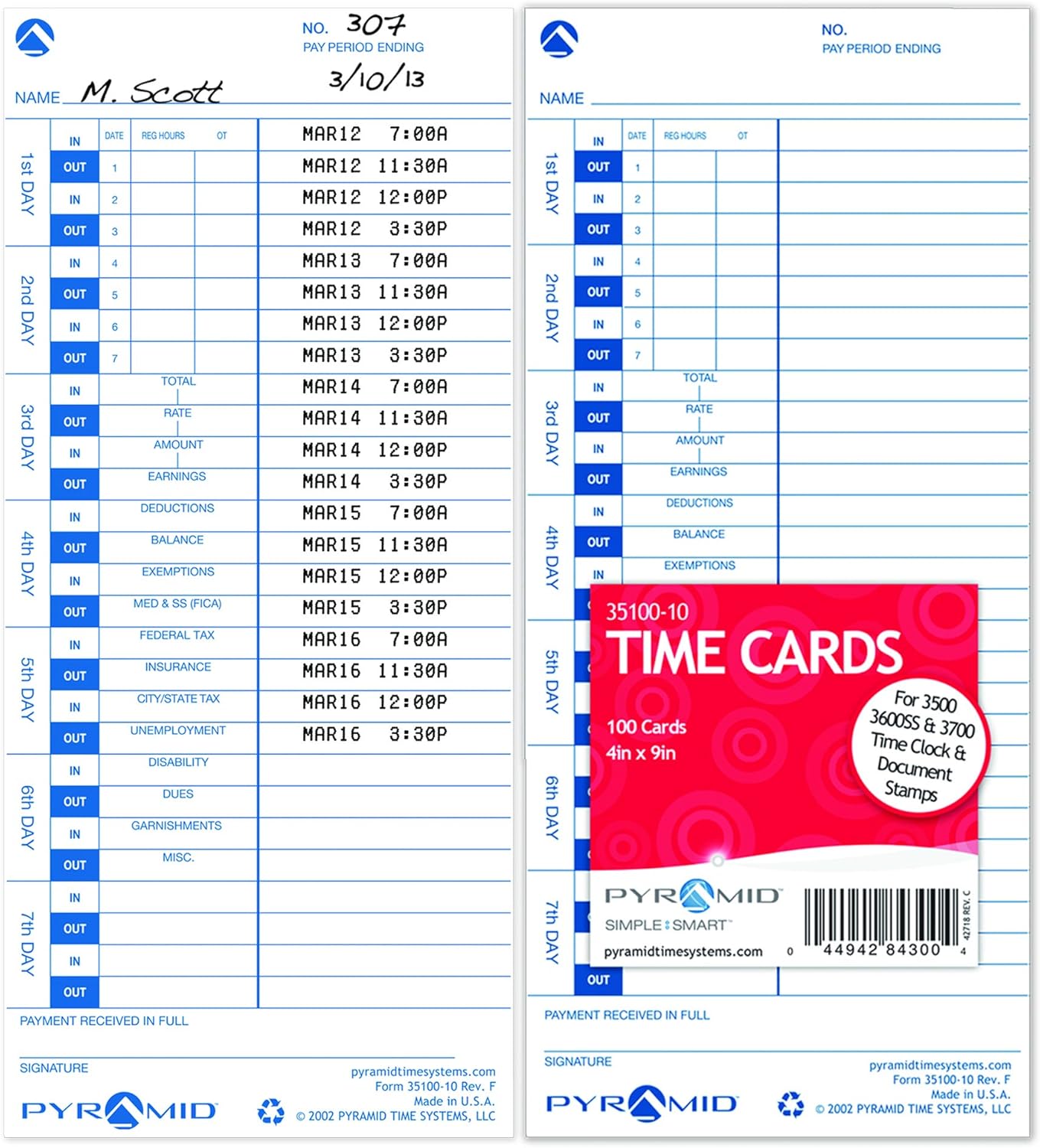 Pyramid Time Systems - 30% Recycled Time Cards (35100-10) for Pyramid Models 3500, 3500ss, 3600SS, and 3700 Time Clock and Document Stamp, Single Sided Time Sheets (4 X 9 Inches) - 300 Time Cards
