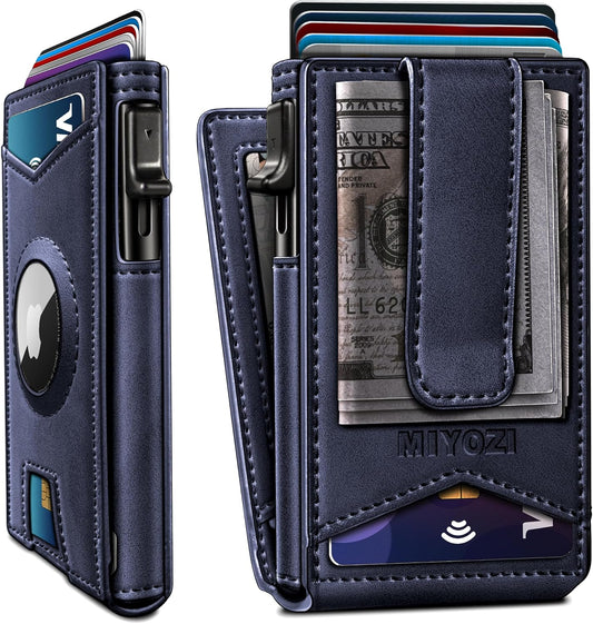 Airtag Wallet for Men,with Money Clip Gift Boxed,Slim Front Pocket Wallet RFID Blocking Metal Case Smart Pop-up Credit Card Holder in Magnetic Leather Flip