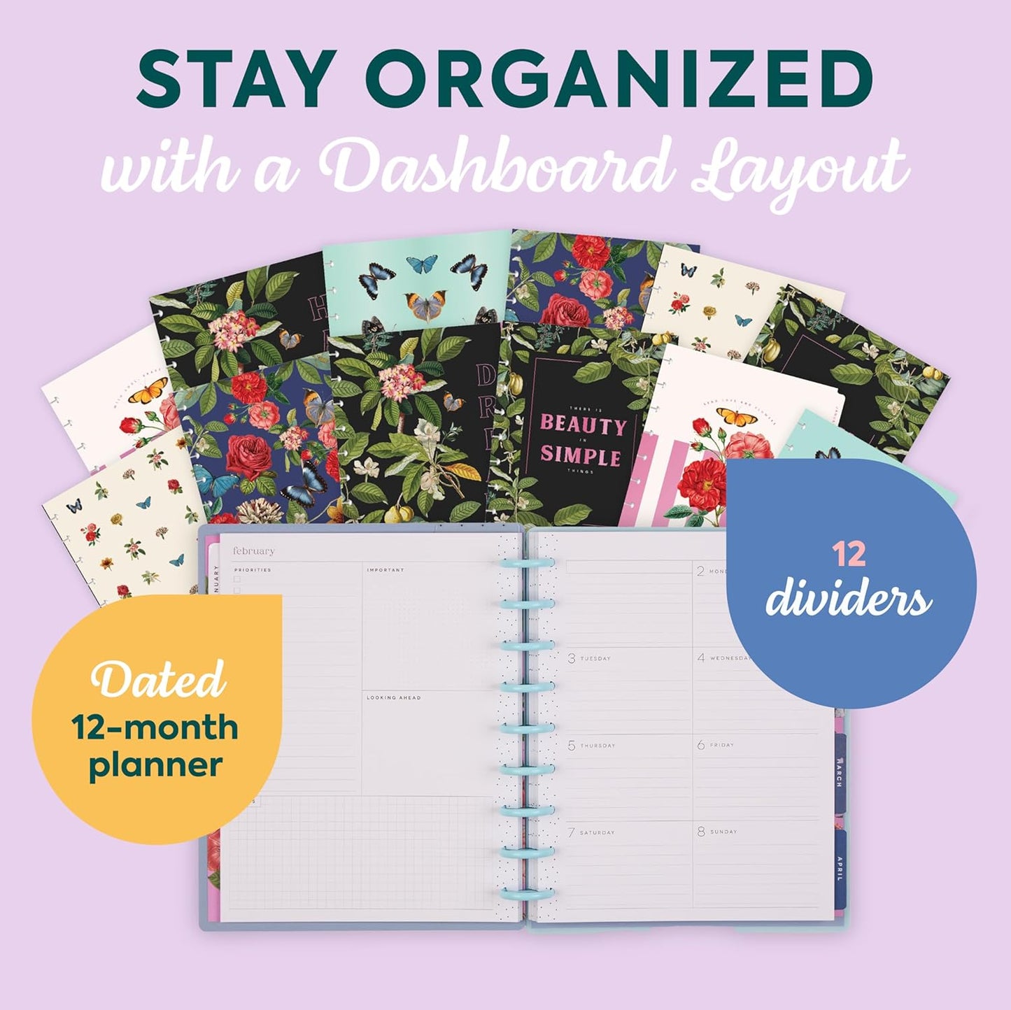 Happy Planner Disc-Bound Planner Jan.–Dec. 2026, Includes 3 Extra Months and 2 Sticker Sheets, Classic Size, 7" x 9.25", Dashboard Layout, Blue Botanical Year