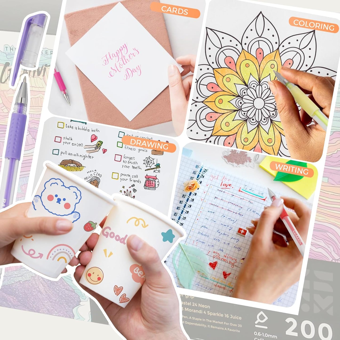 400 Pack Gel Pens for Adult Coloring Book, 200 Artist Colored Pens With 200 Refills, Fine Tip Metallic Glitter Gel Pens for Drawing Doodling Journaling Craft Art Supplies