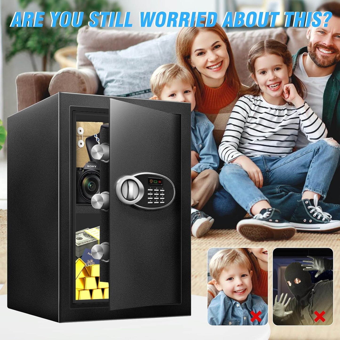 2.5 Cu Ft Large Safe Box with Fireproof Waterproof for Documents - Steel Security Personal Fire Safe with Digital Keypad, Emergency Battery Box & Combination Lock, Safety Box for Valuables Money Cash