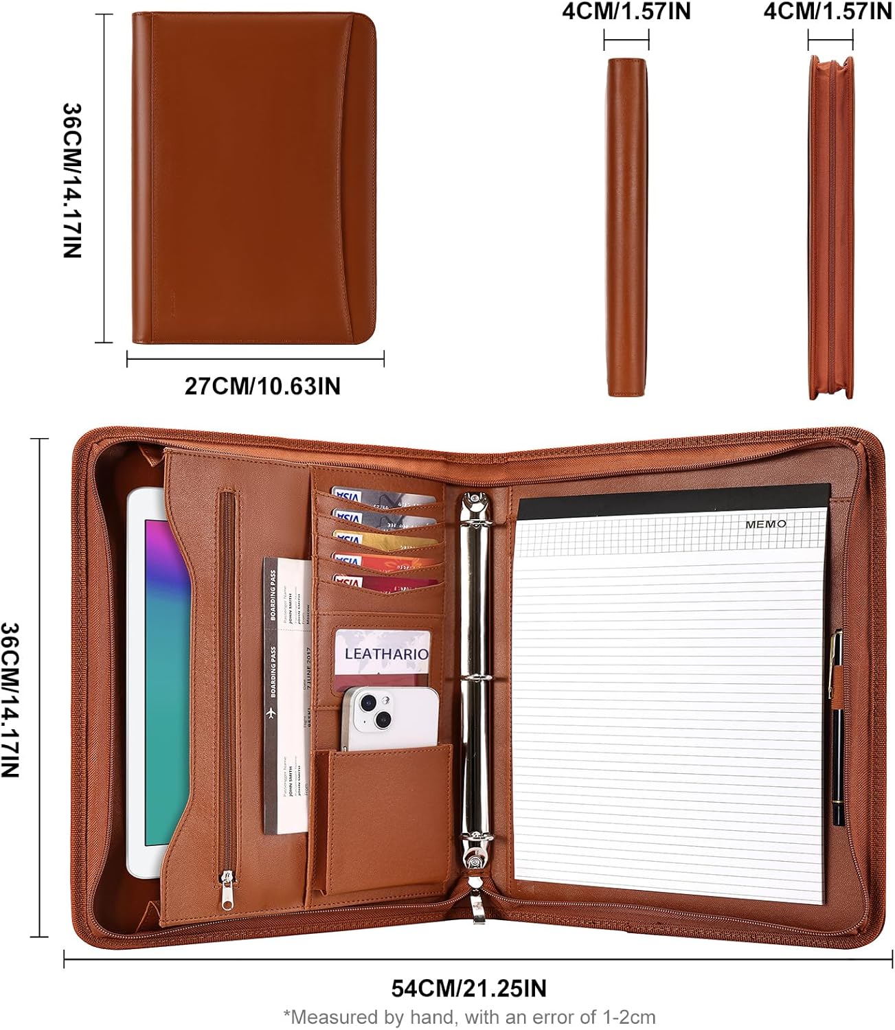 Leathario Portfolio Binder, Includes 10 Sheet Protectors and 3 Notepads, 3-Ring Folder Organizer, A4 Padfolio with Zipper, Vegan Leather Tablet Sleeve, Business Office Conference Clipboards
