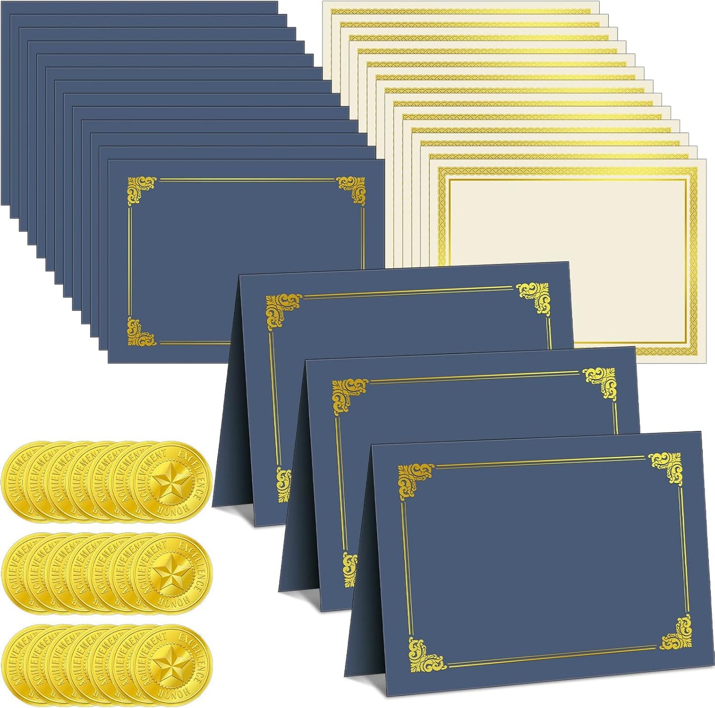 150 Pcs Certificate Kit Include 50 Pcs Certificate Holders Diploma Covers 50 Pcs Certificate Paper with Gold Foil Border and 50 Pcs Embossed Certificate Seal for Graduation, Achievement (Blue)