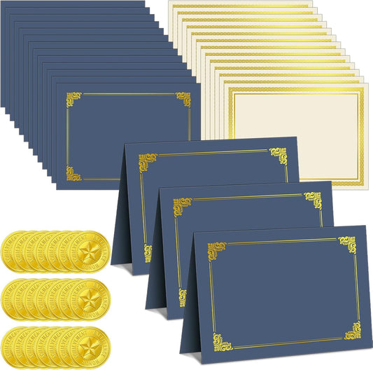 150 Pcs Certificate Kit Include 50 Pcs Certificate Holders Diploma Covers 50 Pcs Certificate Paper with Gold Foil Border and 50 Pcs Embossed Certificate Seal for Graduation, Achievement (Blue)