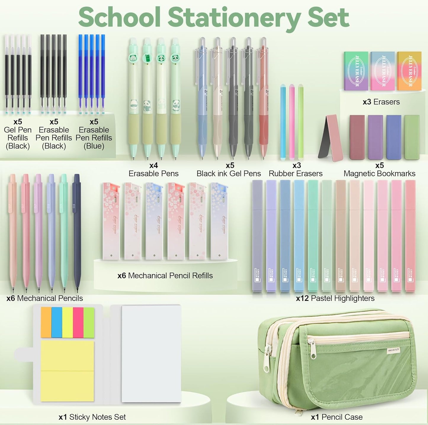 61 PCS Aesthetic School Supplies with Cute Pencil Case, Pastel Highlighters, Gel & Erasable Pens, Mechanical Pencils, Refills, Complete Essentials Stationery Kit for Students (Green)