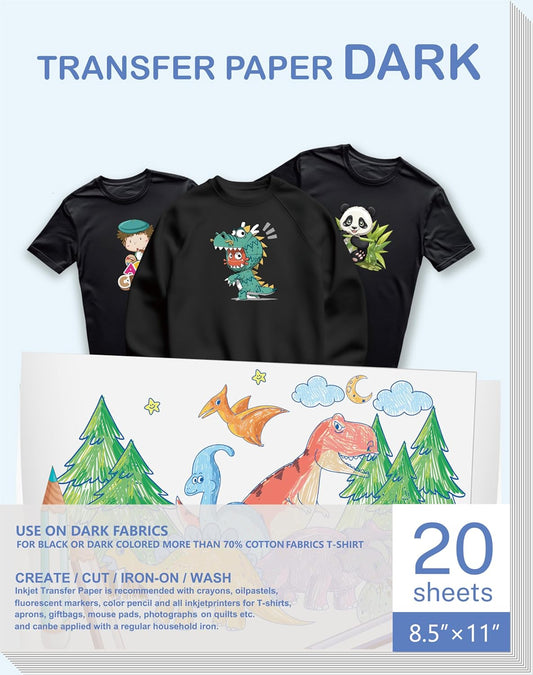 Heat Transfer Paper for Inkjet & Laserjet Printer (20 Sheets 8.5"x11", Dark 3.0), Wash Durable, Long Lasting Printable HTV Infusible Ink Transfer Sheets, Vinyl Iron on Fabric Printer Paper