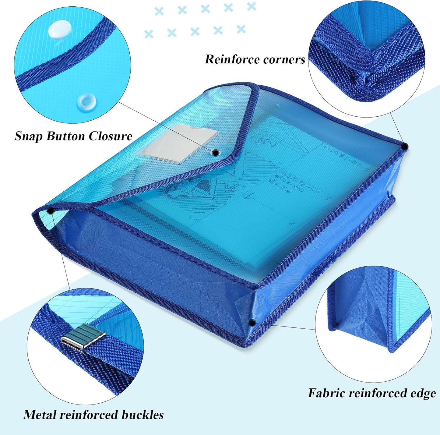 10 Pieces Plastic File Folders Envelope Expanding File Wallet Organizer Documents Folder with Snap Closure and Pocket, A4 Size Waterproof Transparent Pouch(Blue,Horizontal)