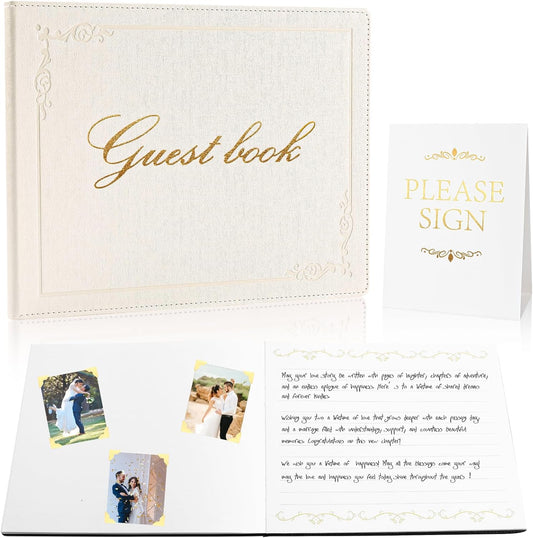 8x10 Leather Guest Book and Standup Sign Set, Gold Foiled Cover Registry Book for Wedding Reception, Retirement Party, Vacation Homes and Events, 120 Pages (White)