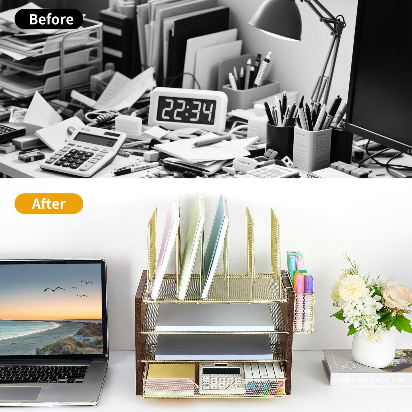 Gold Desk Organizers and Accessories,4-Tier Desktop File Organizer with Drawer, Wood Paper Organizer with 5 Vertical File Holders and Pen Holder for Office Supplies