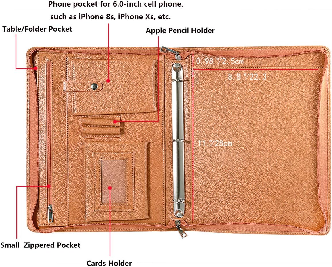 Professional Leather Business Padfolio Portfolio Case, 3 Ring Binder,Zippered Business Document Organizer Tablet Holder Folder Case,with Letter Size Notepad (Brown)