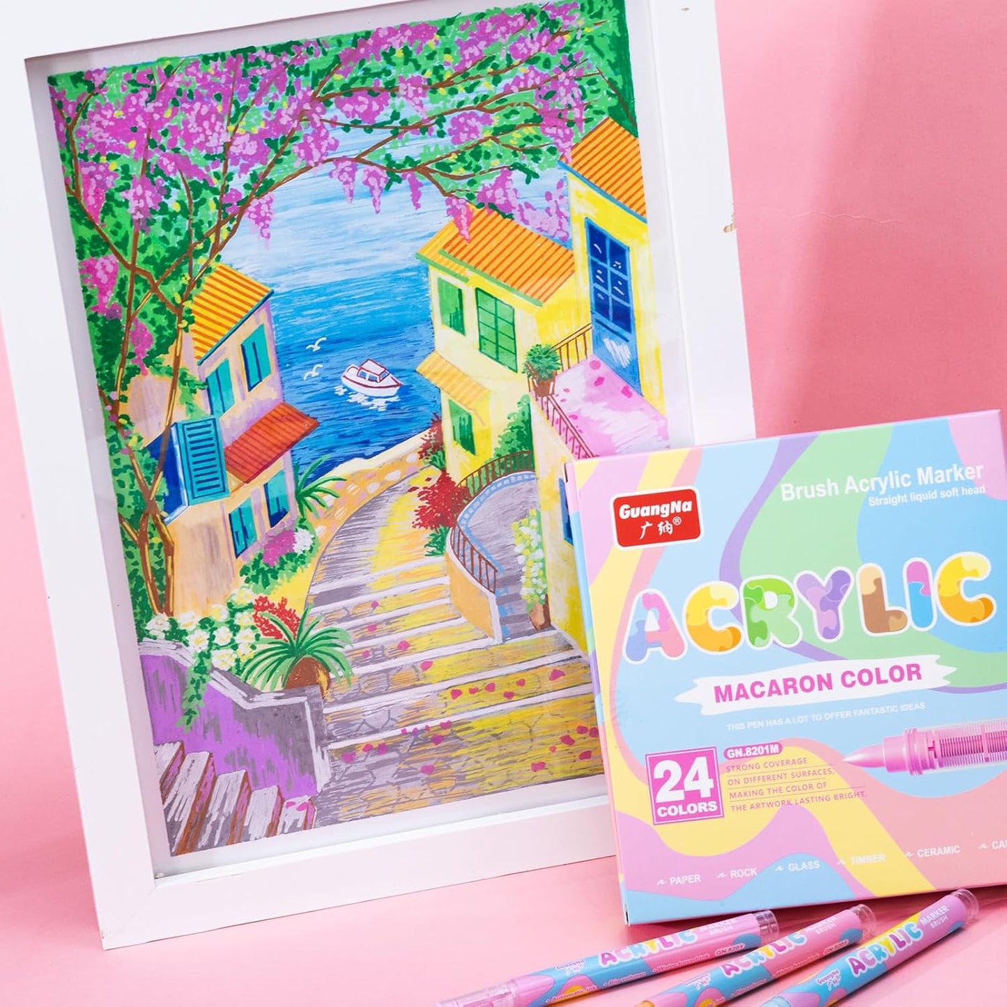 JRQ Macaron Pastel Acrylic Paint Markers, 24 Colors Water-based Acrylic Markers for Wood, Rock Painting Glass Canvas Ceramic Plastic Illustration Comic Animation Art Supplies