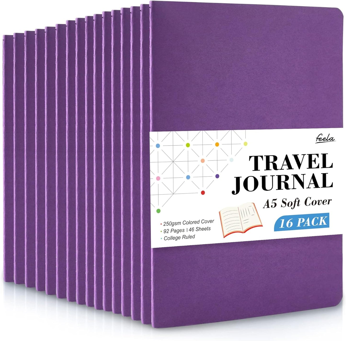 16 Pack Soft Cover Journal Bulk, Feela Lined Notebooks College Ruled for Work for Women Girl Writing, Blank Travel Journal Note Taking Notebook School Business Supplies, 8.2” x 5.5”, A5, Dark Purple