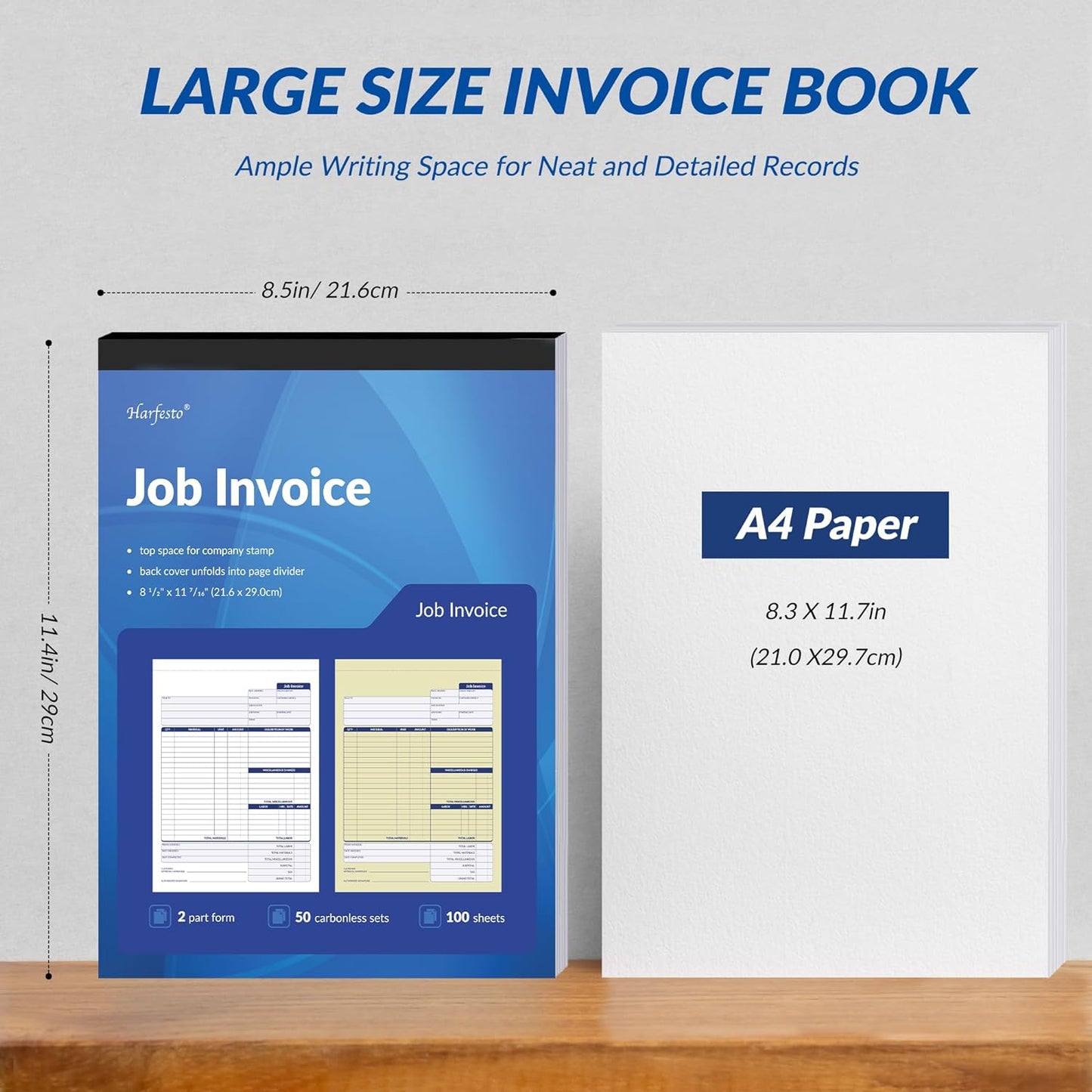 Job Work Order Forms, Large Size Contractor Invoice Book 8-1/2" x 11-7/16", Invoice Receipt Book for Small Business, 2-Part Carbonless Forms, 200 Sets (4 Books)