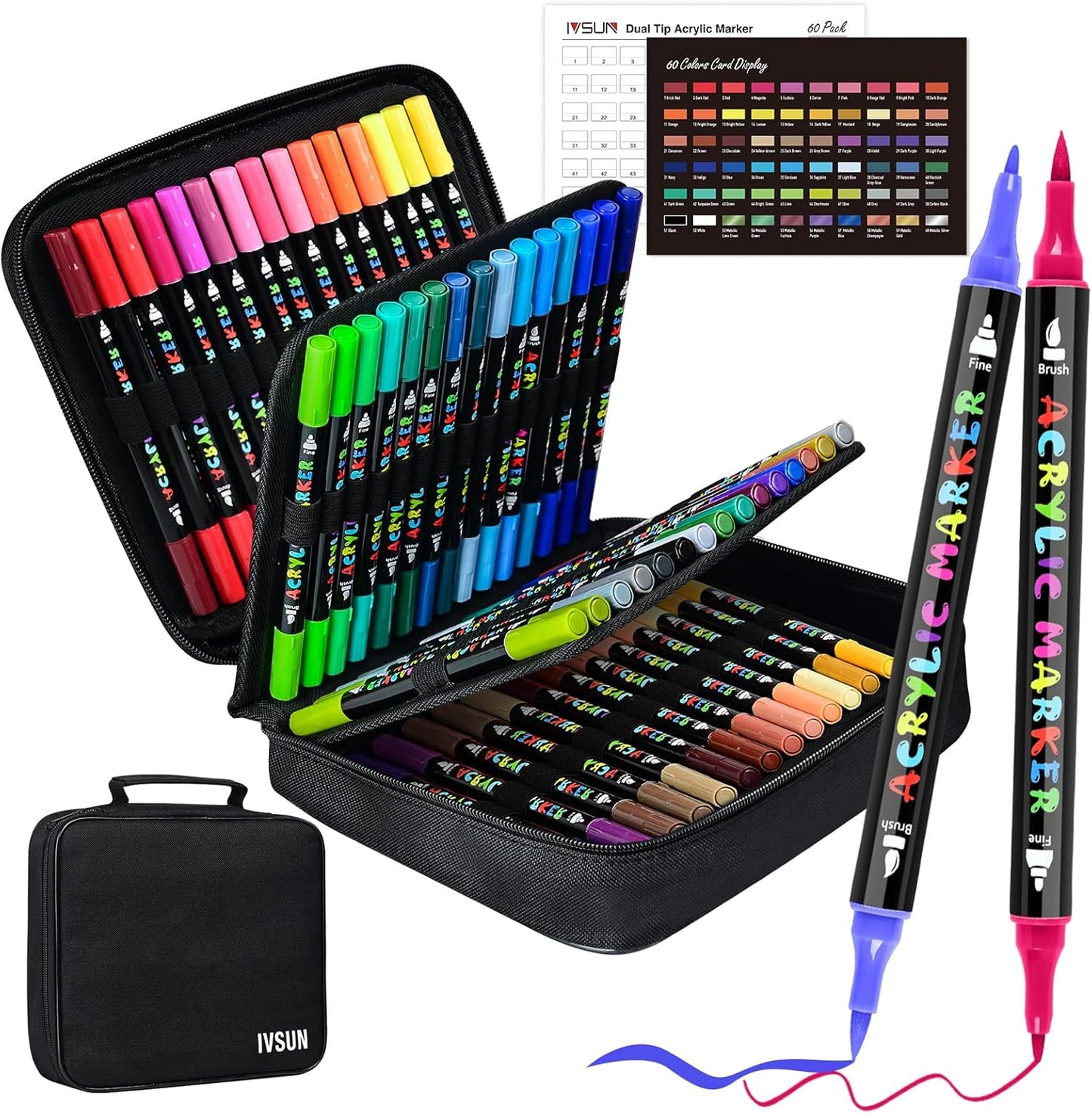 IVSUN Acrylic Paint Pens, 60 Colors Dual Tip Paint Markers with Fine Tip and Brush Tip for Stone, Wood, Canvas, Calligraphy, Ceramic, Metal, Glass, Rock Painting, DIY Crafts Art Supplies Kit