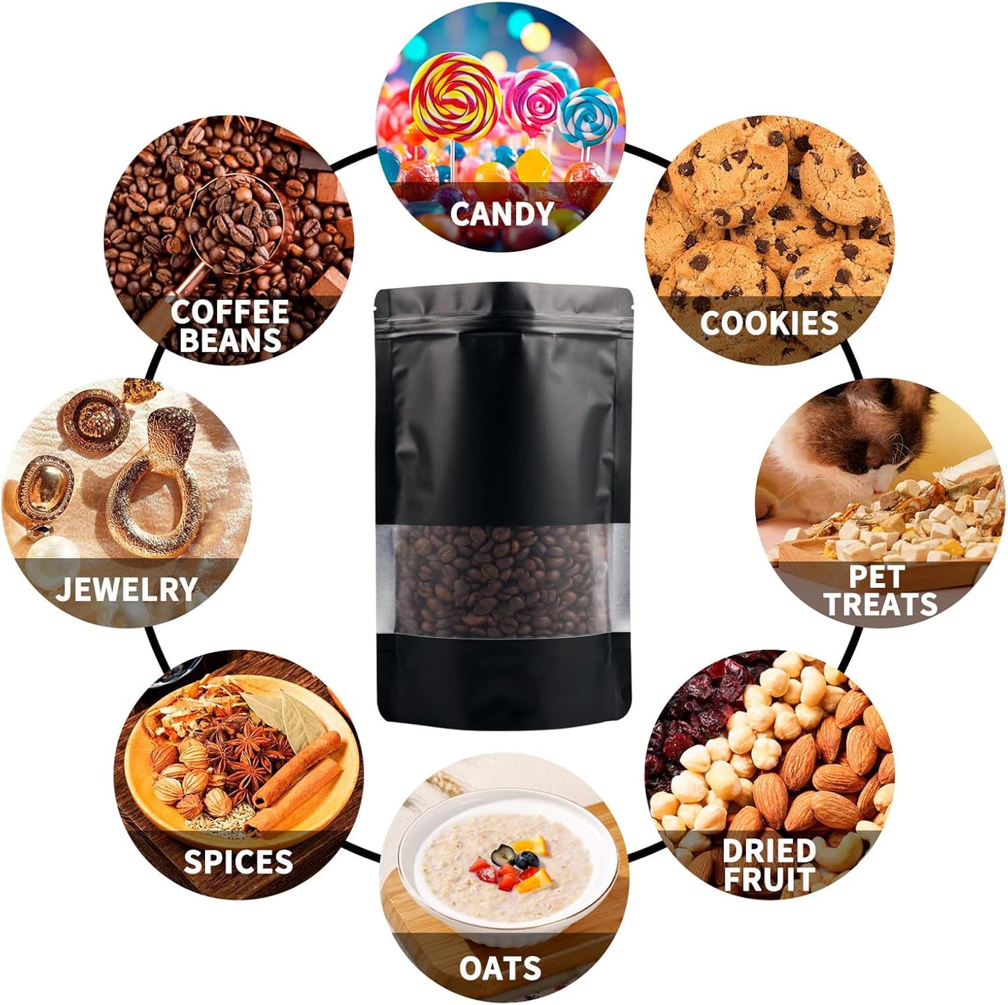 100 Pack Smell Proof Bags, Resealable Black Mylar Bags with Matte Window, Foil Pouch Stand Up Sealable Bags for Packaging, 6.29 × 9.44 Inch