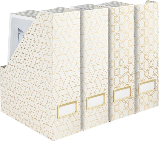 BLU MONACO Decorative Foldable Magazine Storage Boxes for Desk - Set of 4 Gold Magazine Holders with Cream Woven Design – Vintage Magazine File Organizer – Book Bins & Office Décor Storage Solution