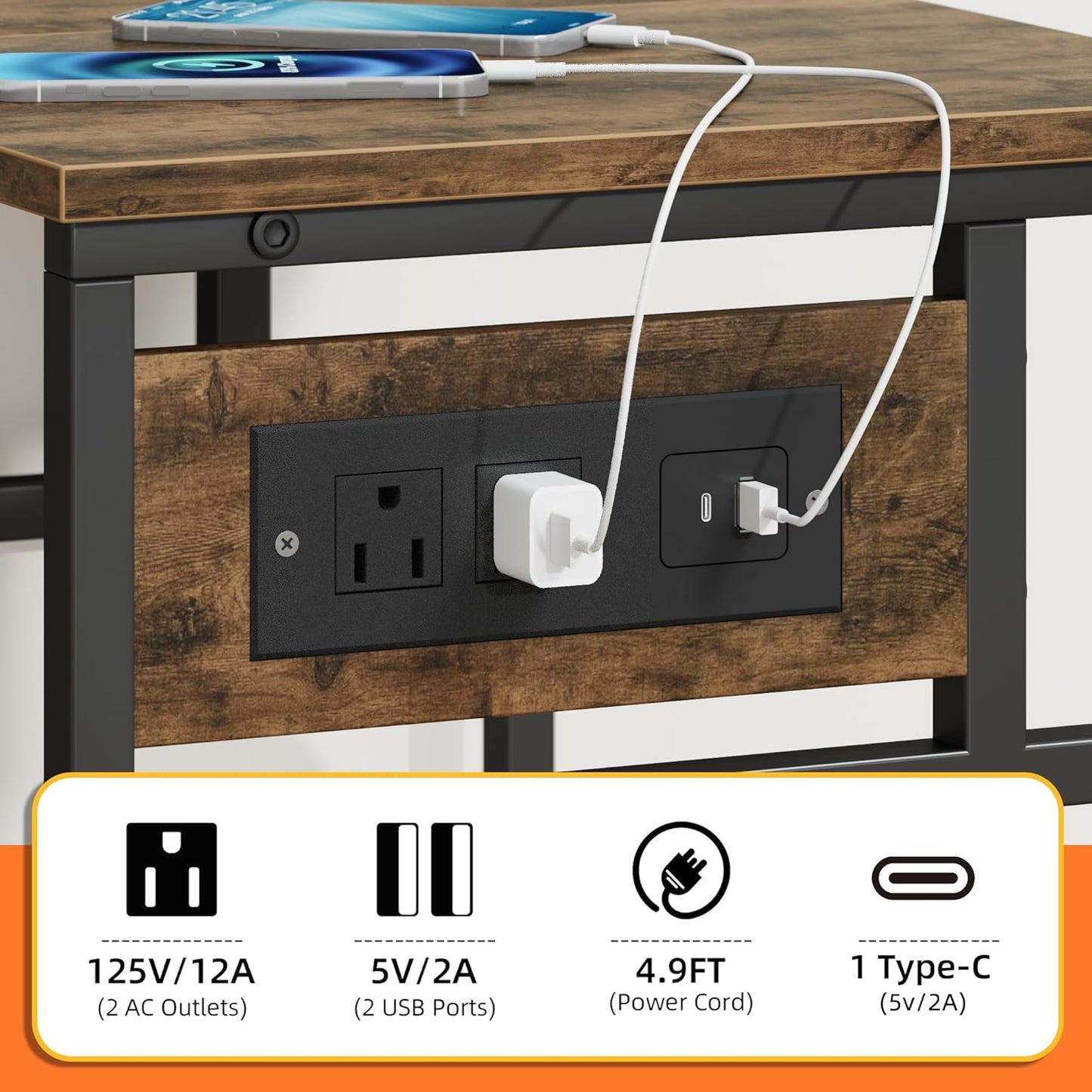 3 Tier Large Printer Stand with Power Outlet/Adjustable Storage Shelf, Rolling Cart with Wheels, Printer Table for Home Office 3D Printer/Heat Press/Laster, 22"×15" Rustic Brown