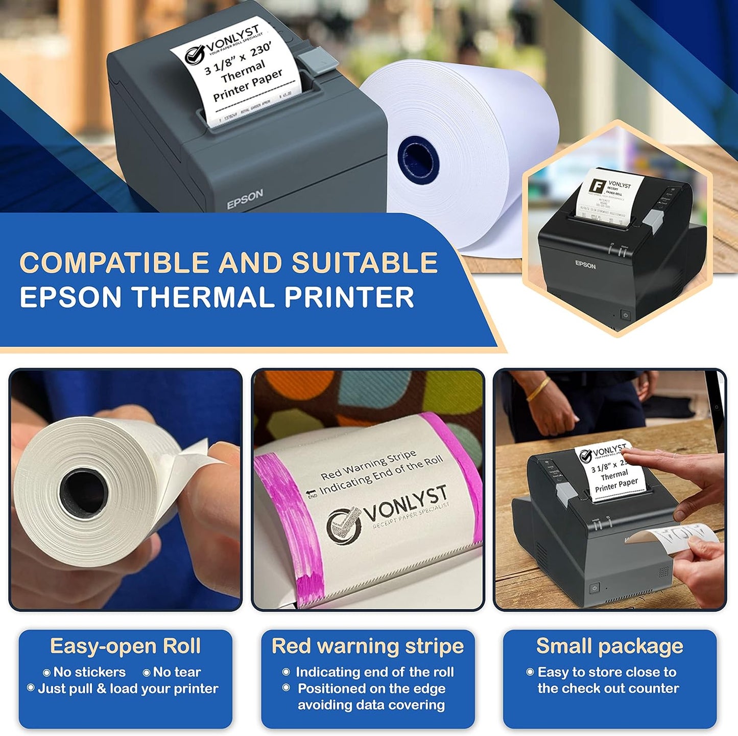 3 1/8 x 230 Thermal Paper Receipt Roll for Epson Printer (Pack 48 rolls)