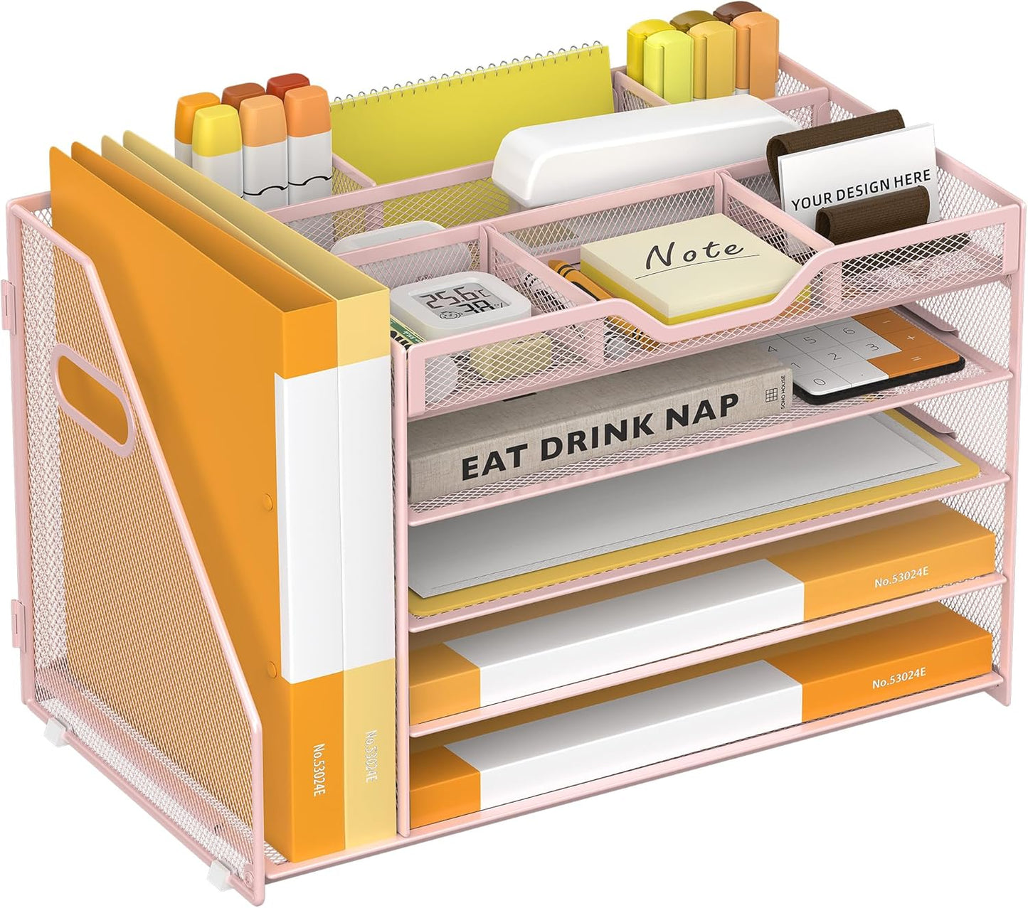 5 Tier Paper Letter Tray with File Holder and 3 Drop-in Pen Holders, Mesh Desk File Organizer with Handle, Desk Organizers and Accessories for School,Home, Office Supplies Storage-Pink