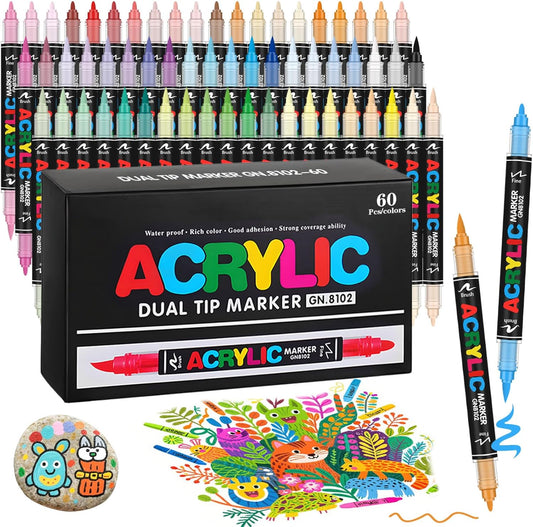60 Colors Dual Tip Acrylic Paint Pens, 0.5-5MM Brush Tip & 1 MM Fine Tip Acrylic Paint Markers for Stone, Glass, Canvas, Rocks, Wood & More – Vibrant paint Markers and PAINT PENS for Crafting & DIY