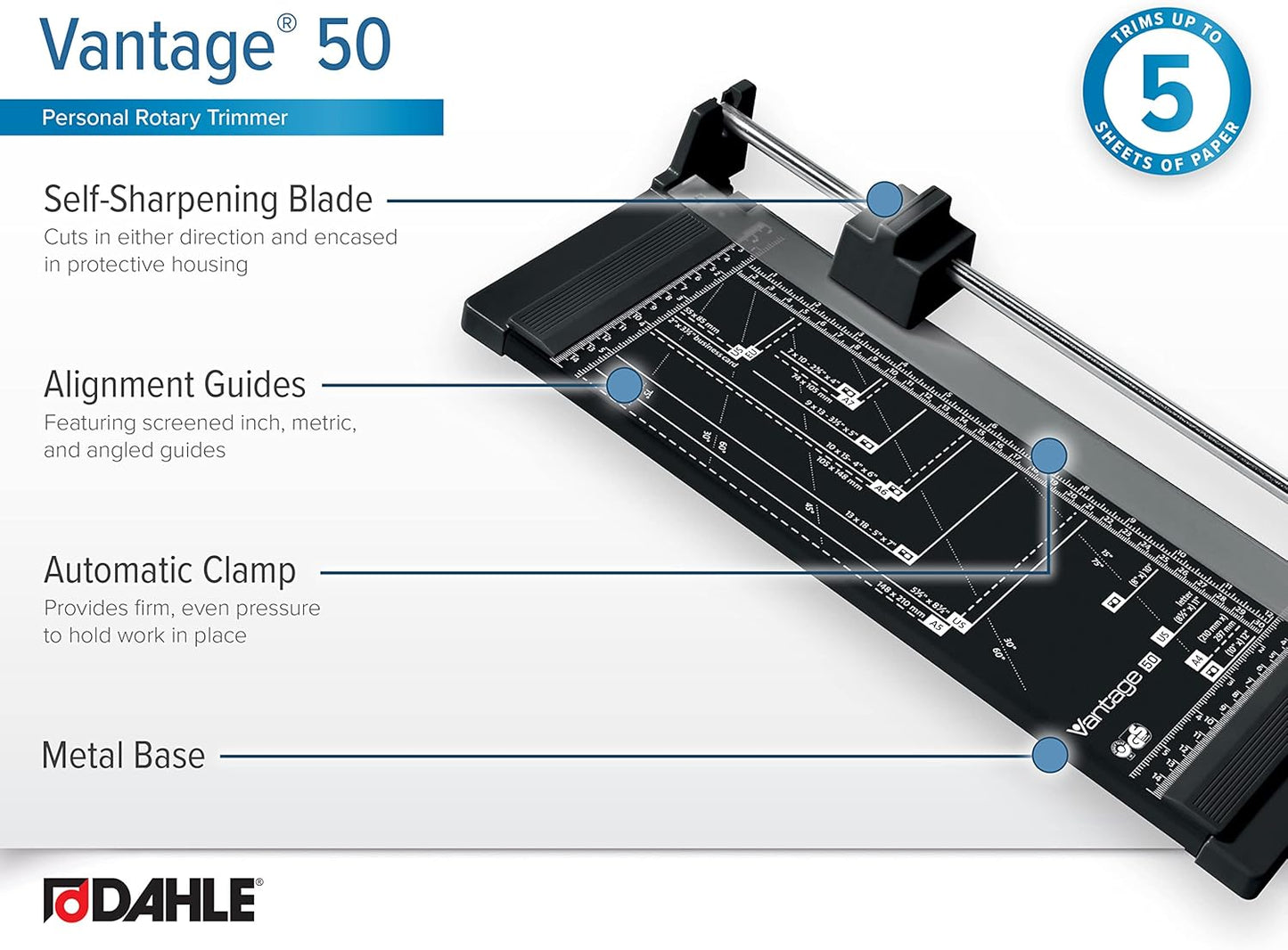 Dahle Vantage 50 Rotary Trimmer, 12" Cut Length, 5 Sheet Capacity, Self-Sharpening, Automatic Clamp, German Engineered Paper Cutter