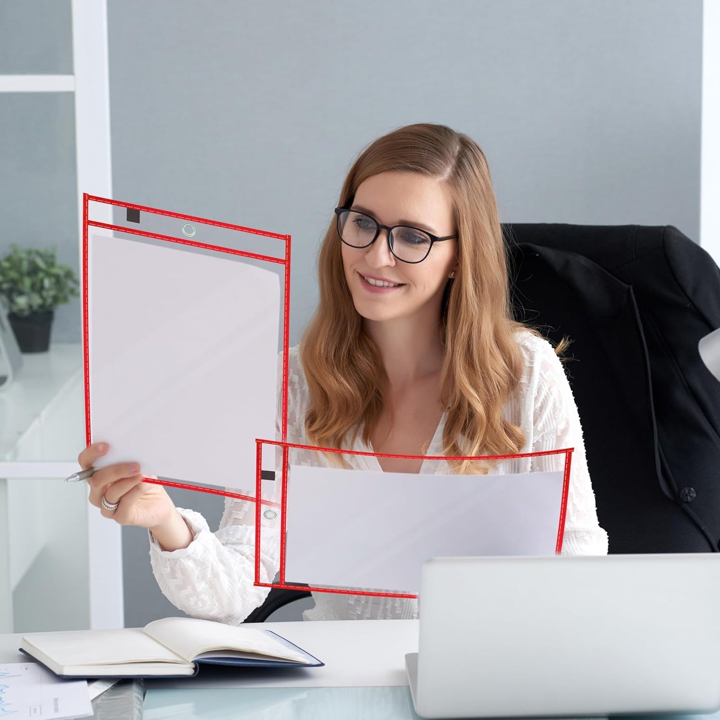 100 Packs Dry-Erase Pockets Bulk Job Ticket Holders Oversized Reusable Dry Erase Pocket Sleeves with 6 Ring, 10x14 Red Ticket Holders, Clear Plastic Sheet Protectors, Teacher School Classroom Supplies