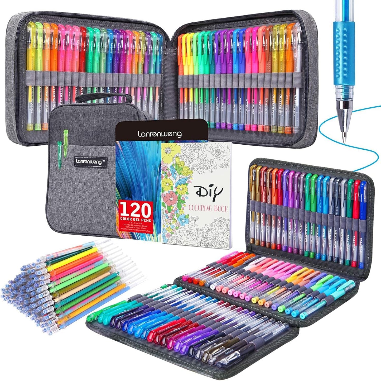 240 Pack Set 120 Colored Gel Pen with 120 Refills, Fine Tip Glitter Gel pens for Kids Adults Coloring Books Drawing Crafts Scrapbooks Bullet Journaling