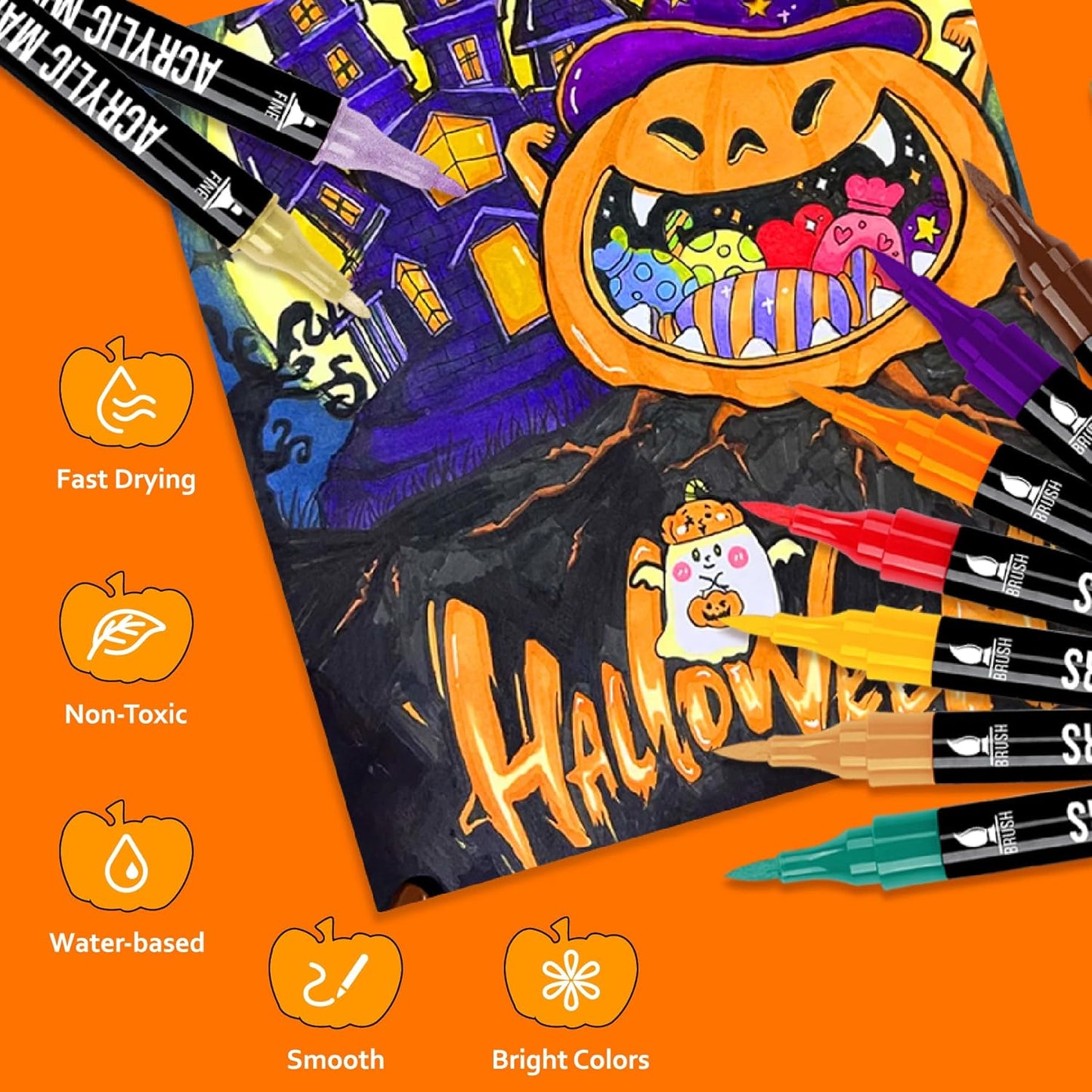 72 Colors Acrylic Paint Markers, Dual Tip with Fine Tip and Brush Tip Pens for Stone, Wood, Calligraphy, Canvas, Ceramic, Metal, Glass, Rock Painting, DIY Crafts