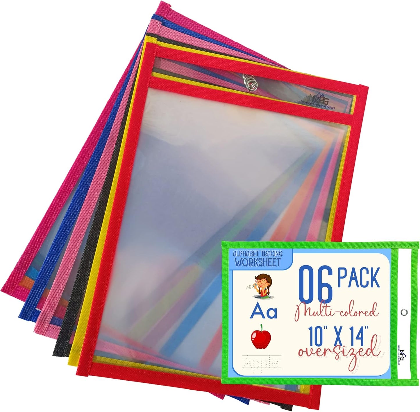 6 Packs Oversized Dry Erase Pockets Sleeves Reusable - 10x14 Dry Erase Sheets Ticket Holders 6 Assorted Colors with Binder Ring, Clear Plastic Sheet Protectors, Teacher School Classroom Supplies