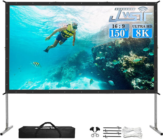 150 inch Projector Screen with Stand, Upgraded 3 Layers PVC 16:9 Outdoor Projector Screen, Outdoor Movie Screen with Carrying Bag for Home Theater Backyard
