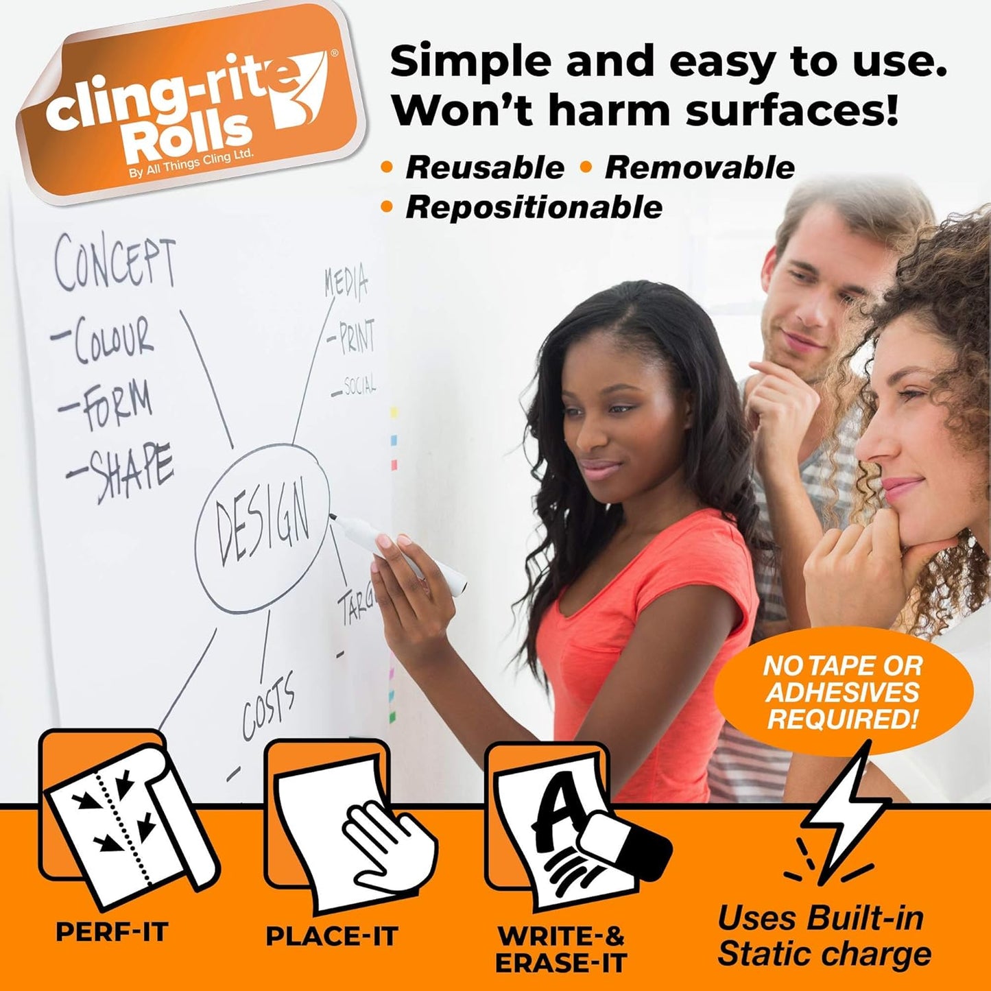 Backpacker Cling-rite Rolls Clingers Dry Erase Portable Whiteboard - 45' ft Roll with 30 Sheets, 12"x18" Reusable Surface for School Supplies, Office Decor, Kids Art & Craft Projects - American Made