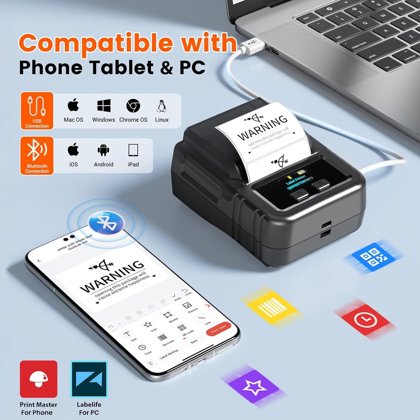 Phomemo M120 Label Maker, 2 Inch Barcode Printer, Portable Thermal Label Maker for Small Bussiness, Barcode, QR Code, Name, Address, Logo, Clothing, Office, Home, Sticker Printer for Phone/PC/Tablet