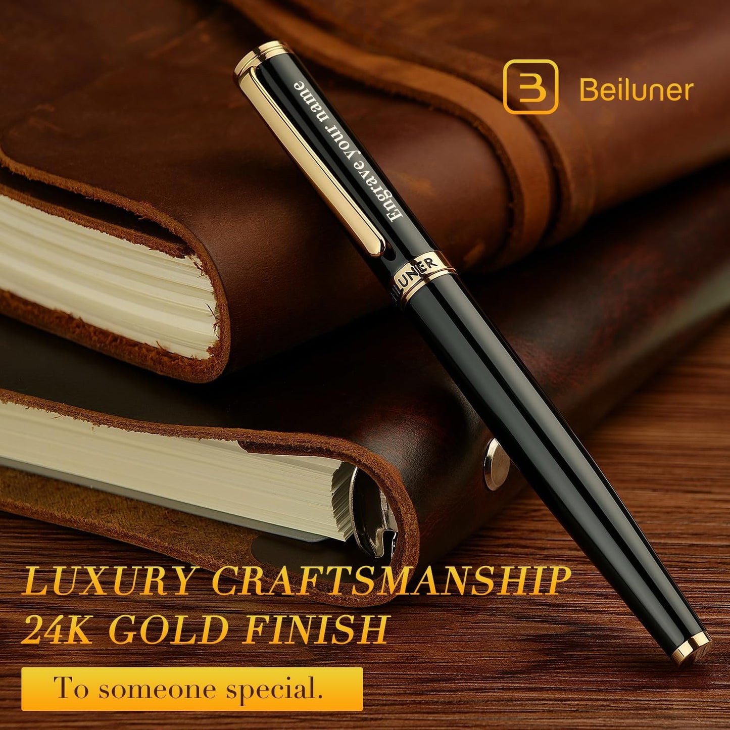 BEILUNER Black Personalized Fountain Pen,Stunning Luxury Lacquer,24K Gilded Nib(Fine),Gorgeous 24K Gold Finish, Ink Converter,Fancy Office Gift for Men&Women-Elegant, Graduation,Nice Pens for Writing