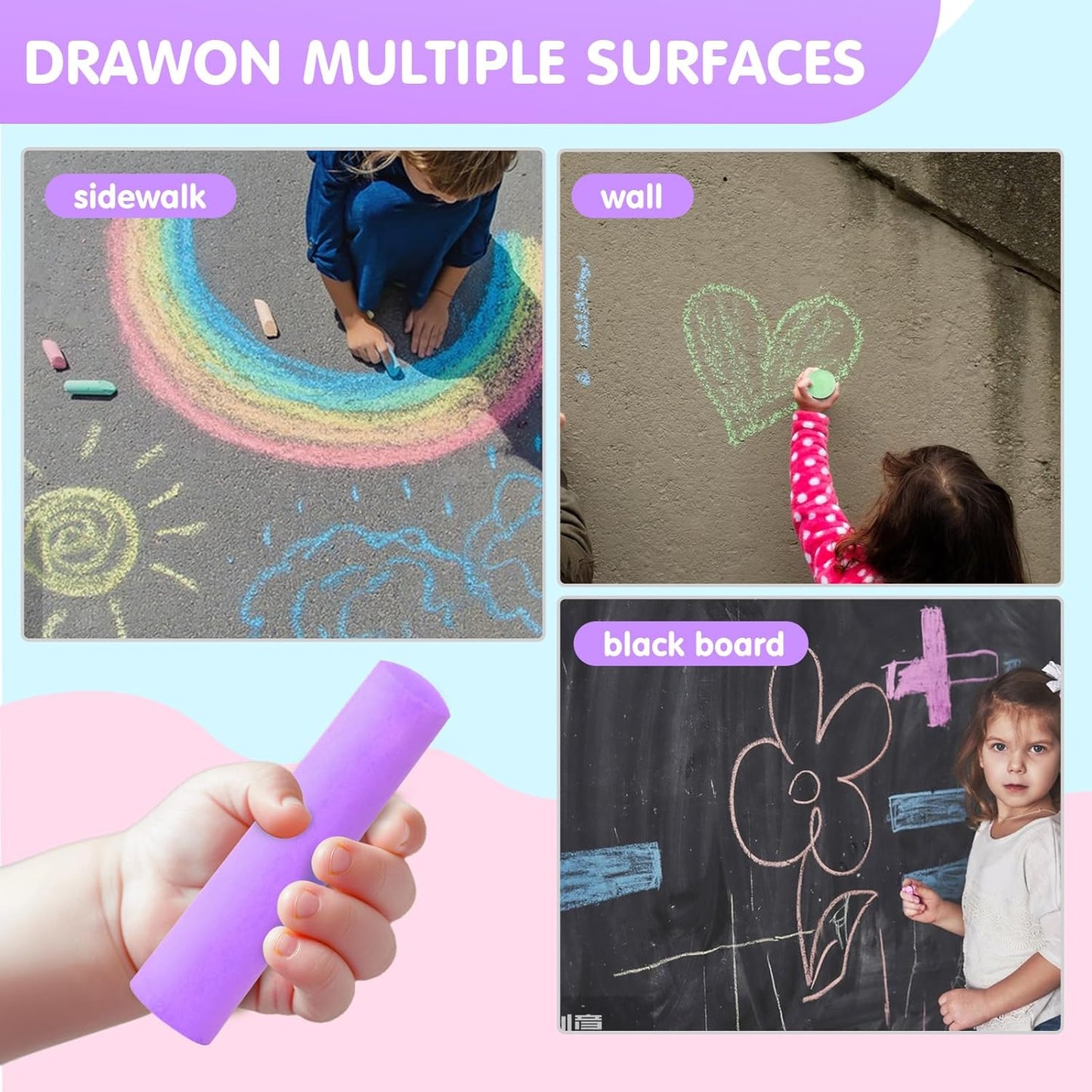 50 Pack Washable Sidewalk Chalks for Kids Non-Toxic Jumbo Chalk for Outdoor Art Play, Colored Chalk for Painting on Chalkboard, Blackboard and Playground (Purple)