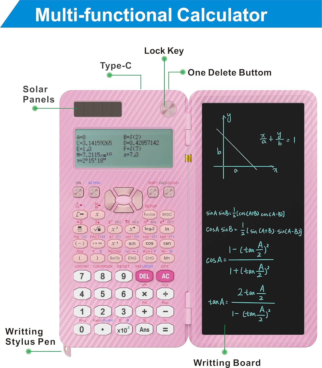 Scientific Calculators for College Students, IPepul Pink Desktop Math Solar Calculator with Notepad,991EX Type-C Rechargeable 552 Functions, School Supplies for Middle High School and Students(Pink)