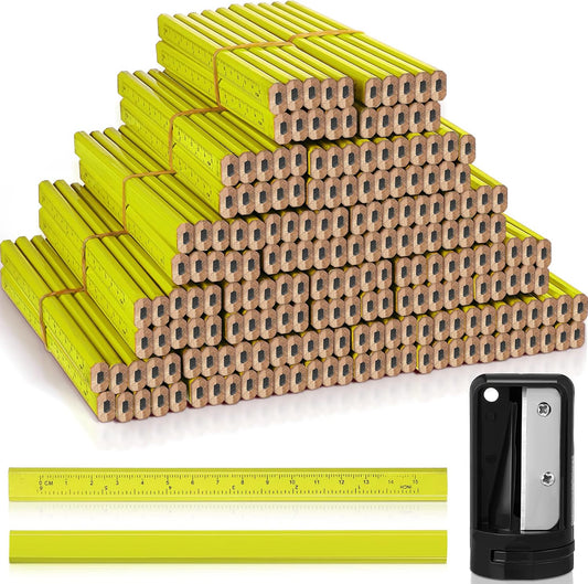 Honoson 200 Pcs Flat Construction Pencils with Printed Ruler Wood Graphite 2 Pcs Carpenter Pencil Sharpener for Woodworking Marking Tool(Yellow)