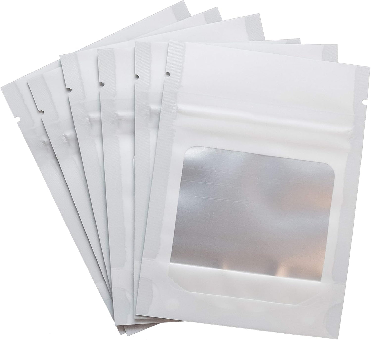 HANSER | Smell Proof Odorless Mylar Resealable Foil Pouch Bags with clear Window | Stand up bottom | Airtight | matte white | 100 Pieces | 3x4 inches