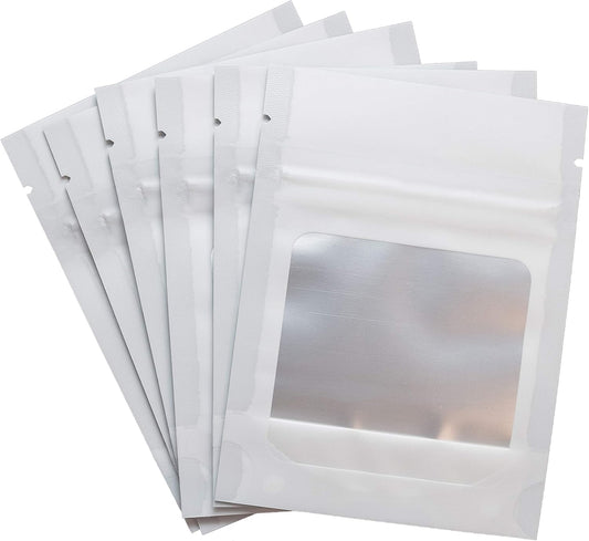 HANSER | Smell Proof Odorless Mylar Resealable Foil Pouch Bags with clear Window | Stand up bottom | Airtight | matte white | 100 Pieces | 3x4 inches