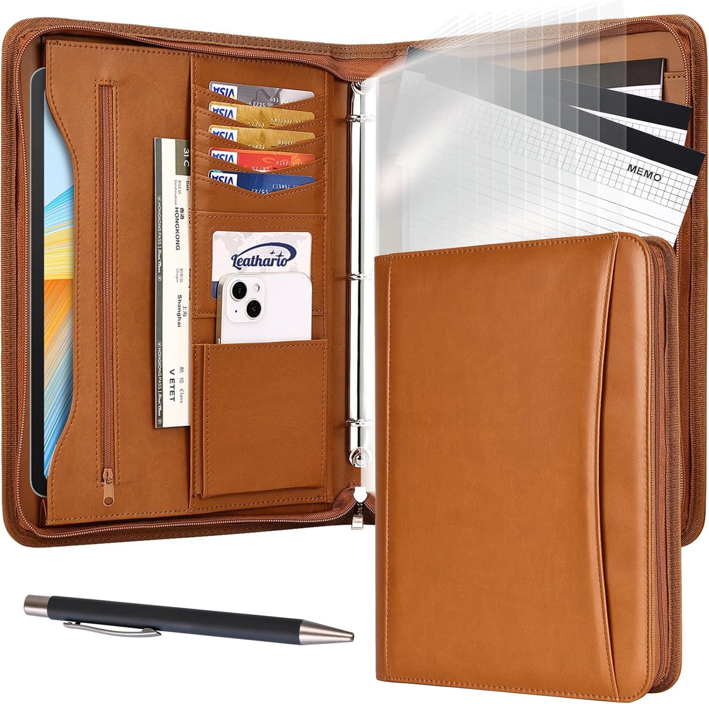 Leathario Portfolio Binder, Includes 10 Sheet Protectors and 3 Notepads, 3-Ring Folder Organizer, A4 Padfolio with Zipper, Vegan Leather Tablet Sleeve, Business Office Conference Clipboards