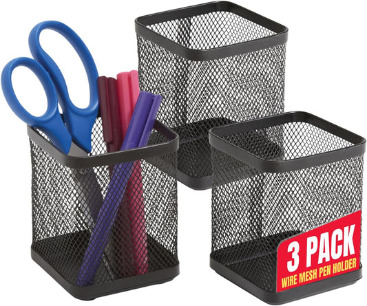 1InTheOffice Pen Holder Cup for Desk, Wire Mesh Cup, Pencil Holder Metal, Pencil Organizer Matte Black 3/Pack…